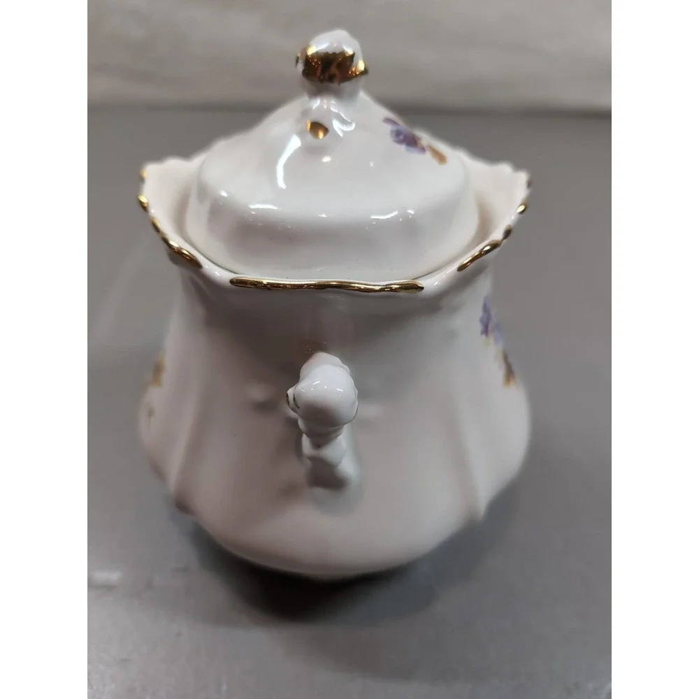 Vintage Porcelain Covered Sugar Bowl Floral Blue Purple Gold Trim Scalloped Edge